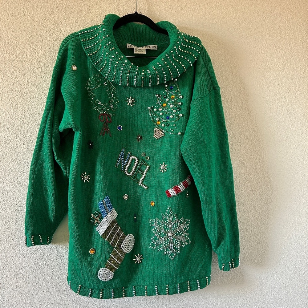 Victoria Jones Pearl Rhinestone Beaded Holiday Christmas Sweater Women’s Large